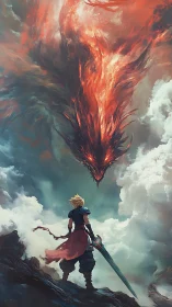 Solitary swordsman observing fiery dragon-shaped cloud.