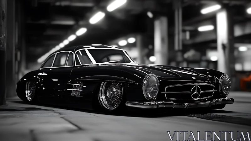 Low-slung classic Mercedes coupe rendered with high-gloss reflections
