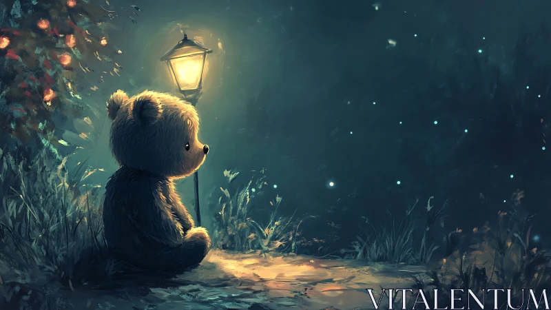 Digital bear character sits beside lamppost in nocturnal scene