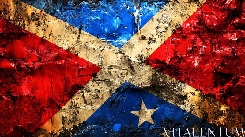 Textured abstract flag geometry in distressed wall painting.