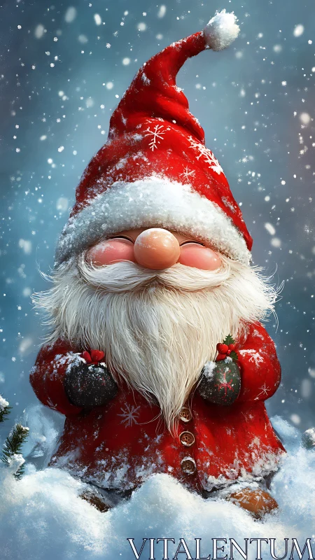 Cozy Christmas gnome smiling softly in a snowy wonderland.