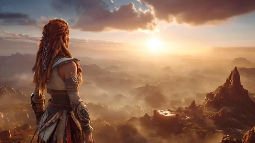 Female figure observes expansive mountainous valley at sunrise