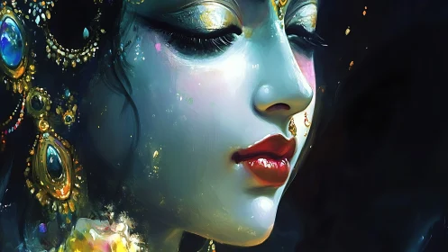 Digital profile portrait shows jeweled figure with closed eyes