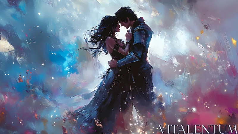 Romantic Couple Portrait in Ethereal Digital Painting: Dynamic Blue and Magenta Color Palette