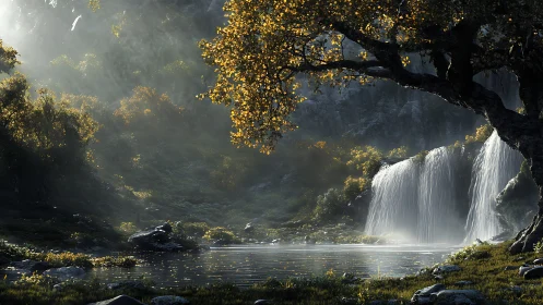 Golden Canopy Conceals Cascading Waterfall.