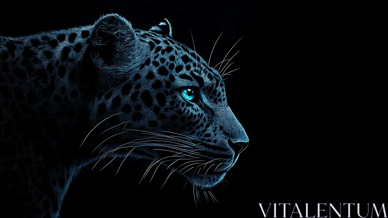 Neon Leopard with Luminous Azure Eyes Against Dark Background.