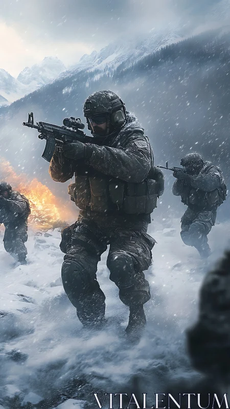 Armed infantry squad advances through blizzard under hostile fire