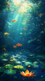 Sunlit koi glide gently through a magical lily pond