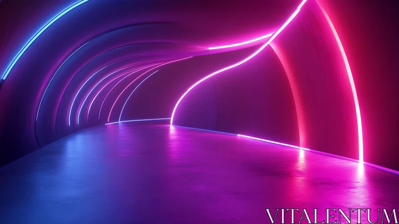 Curved neon tunnel glows with blue and magenta light bands