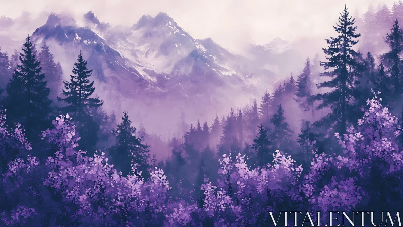 Layered alpine forest receding into mist with violet tonal palette