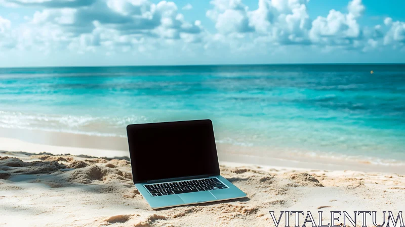 Laptop daydreams beside turquoise waves and sunlit shoreline