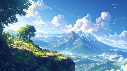 Sunlit alpine overlook with distant snowcapped mountain massif