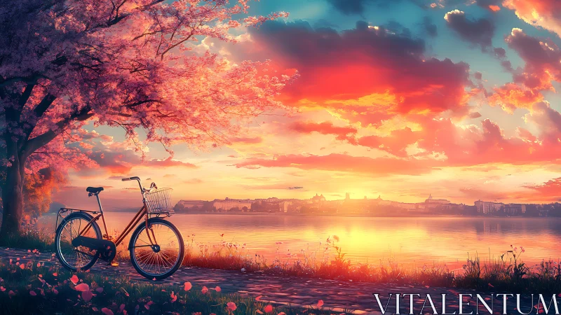Bicycle under flowering tree beside lake at sunset.