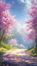 Gentle spring lane drifts under dreamy pink cherry blossoms