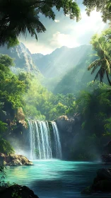 Lush jungle waterfall pool under bright mountain light.
