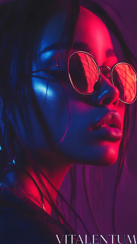 Portrait of woman in neon blue and magenta side lighting.