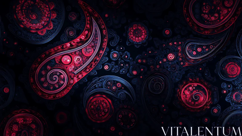 Swirling red fractal paisleys glow softly against deep midnight