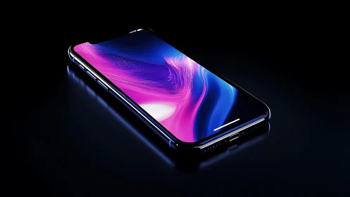 Glossy smartphone glows gently with vivid neon screen light