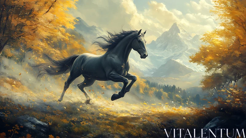 Gray horse in motion across autumn forest valley landscape.