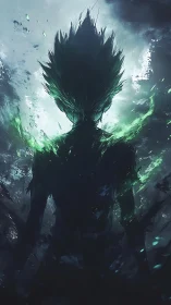 Emerald storm silhouette ignites in otherworldly shadowfire.