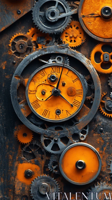 Rusty orange clockwork gears interlock in dense vertical layout