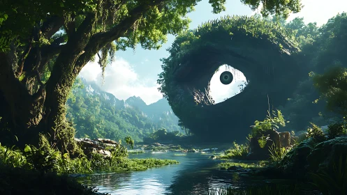 Giant stone eye formation overlooking dense jungle river.