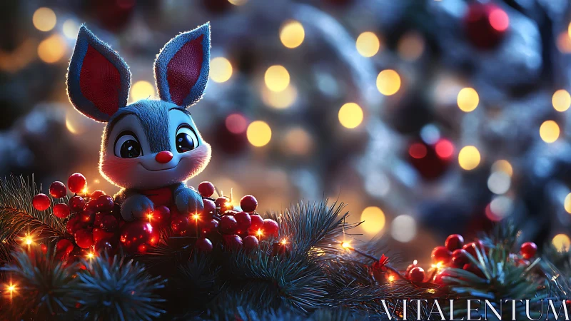 3D holiday bunny mascot amid pine bokeh illumination.