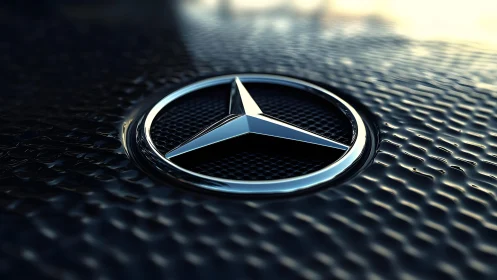 Mercedes-Benz emblem close-up on textured hood, luxury automotive style.