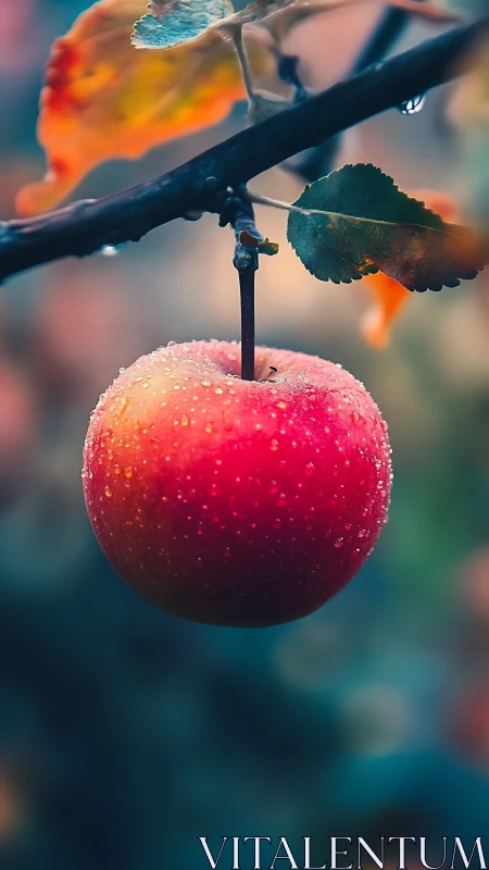 Macro analysis of dew-coated apple in shallow-focus bokeh field.