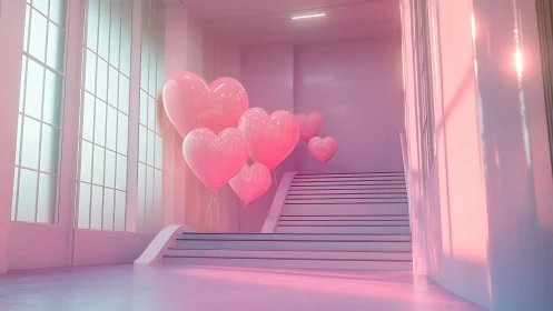 Pink interior corridor with glowing heart-shaped objects and staircase