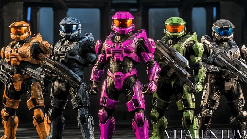 Armored sci fi soldiers in multicolored powered exosuits.