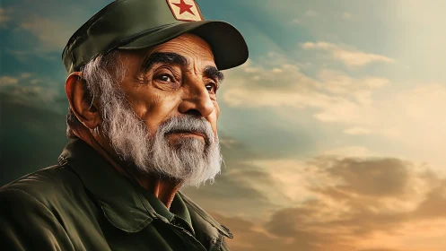 Elderly bearded man in military cap under warm sky.