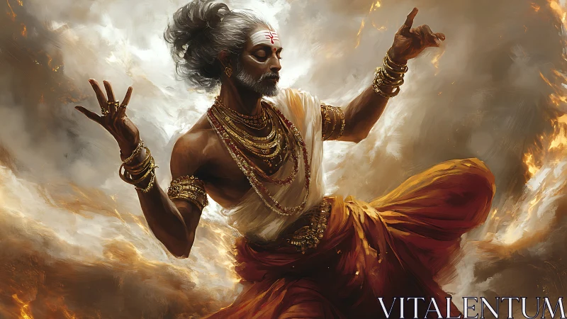 Divine elder dancer moves through swirling celestial fire