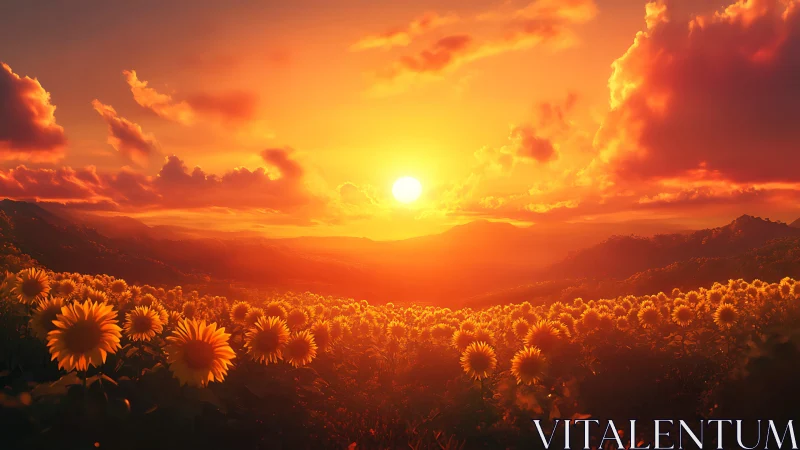 Sunlit sunflower field under low horizon sunset sky.