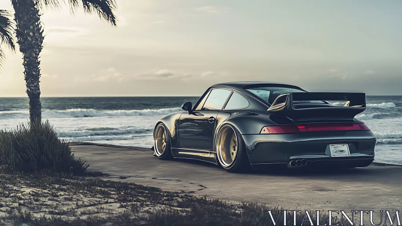 Turbo coupe idles by the surf, sunset paint on steel.