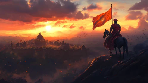 Warrior on horseback watches fortified palace at sunset.