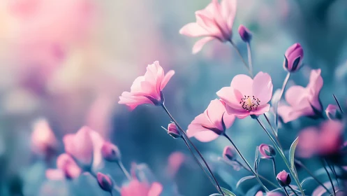 Soft-Focus Pink Cosmos in Bokeh Haze: Macro Botanical Study.