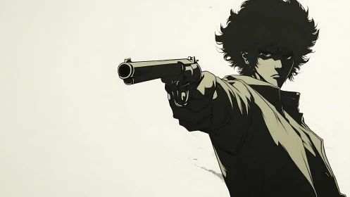 High-contrast anime gunslinger in dramatic foreshortened aim
