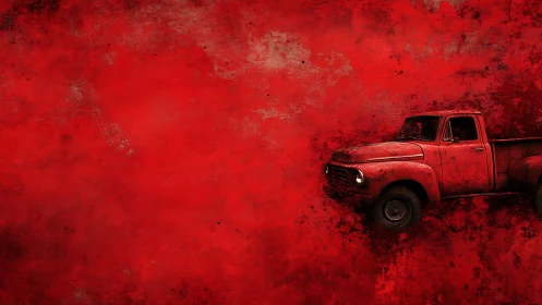 Weathered red pickup isolated in expansive grunge field.