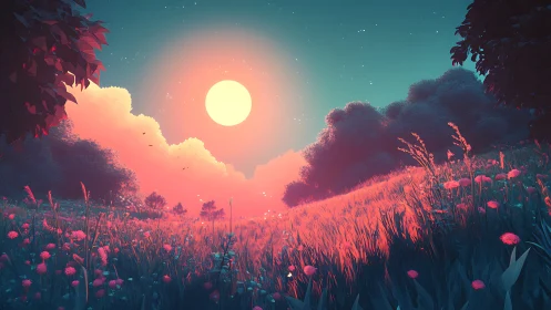 Dreamlit meadow under oversized sun and neon dusk glow.