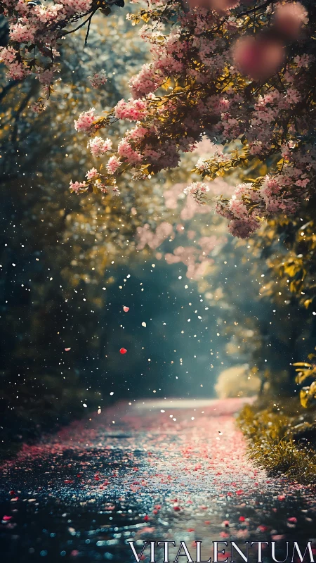 Gentle cherry blossoms drifting over a sunlit spring path.