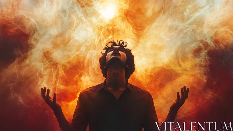 Man stands in fiery swirling light, head raised upward.