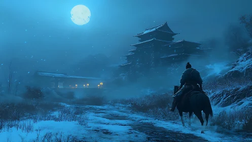Lone rider approaches a moonlit mountain temple in winter.