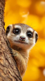 Close meerkat portrait on tree with blurred yellow background.