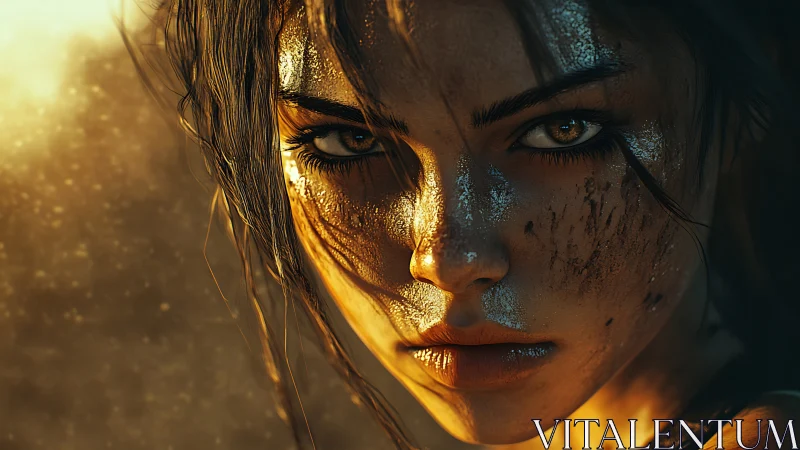 Cinematic warrior portrait renders intense gaze in warm light