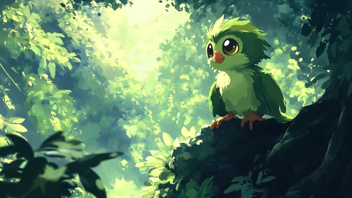 Adorable Cartoon Bird in Lush Green Forest, Digital Art Style.