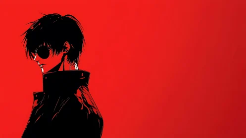 Cool anime loner in black coat against bold red field.