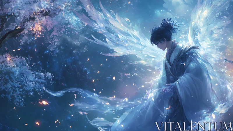 Gentle winged guardian drifting through a starlit blossom sky.