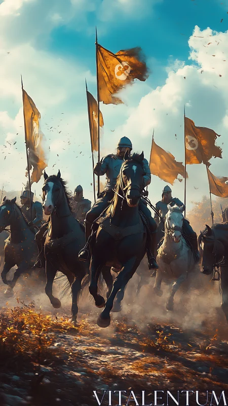 Armored cavalry charge under blazing battle banners.