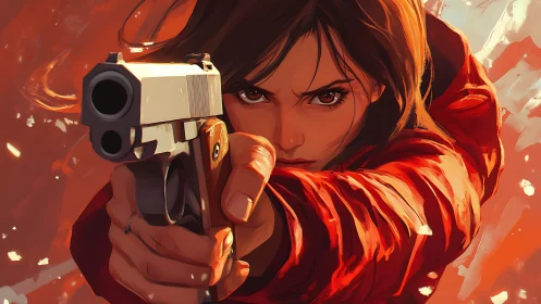Female figure aiming handgun in close frontal perspective.